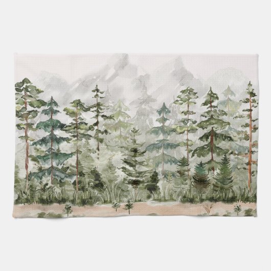 Waterverf groen dennenbos op berg theedoek (Horizontaal)
