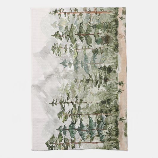 Waterverf groen dennenbos op berg theedoek (Verticaal)
