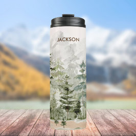 Waterverf groen dennenbos op berg thermosbeker