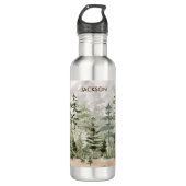 Waterverf groen dennenbos op berg waterfles  (Voorkant)