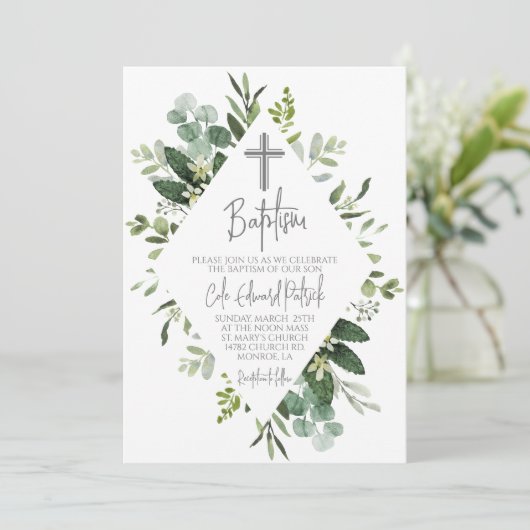 Waterverf groen doopuitnodiging kaart (Staand voorkant)