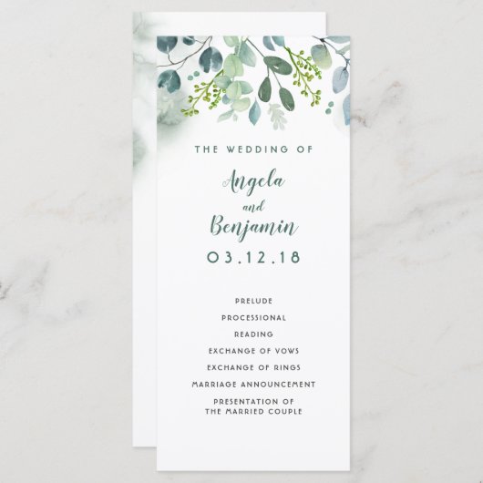 Waterverf Groen Elegante Trouwprogramma's Programmakaart (Voorkant / Achterkant)