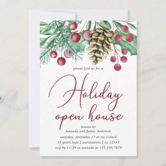Waterverf groen en bessen vakantie open huis kaart (Voorkant)
