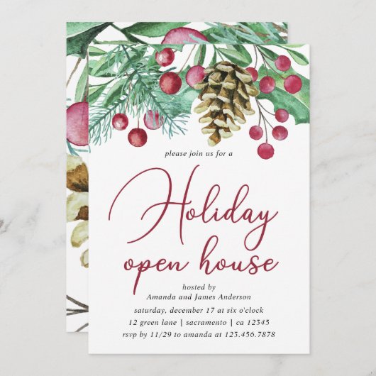 Waterverf groen en bessen vakantie open huis kaart (Voorkant / Achterkant)