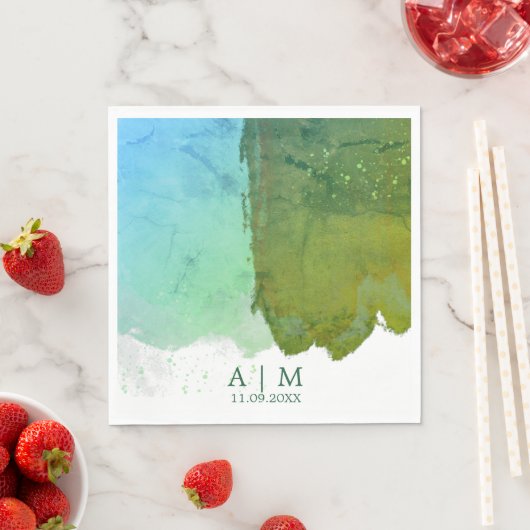 Waterverf groen en blauw monogram servet (Insitu)