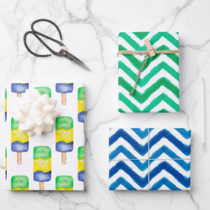 Waterverf Groen en Blauw Popsikel Chevron Inpakpapier Vel