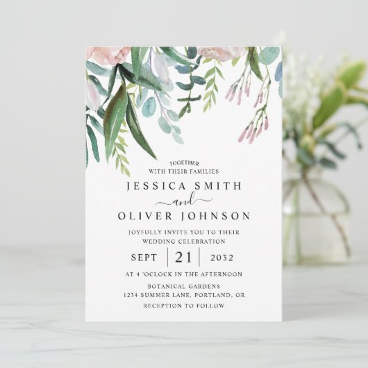 Waterverf groen en bloemen in één bruiloft kaart (Staand voorkant)