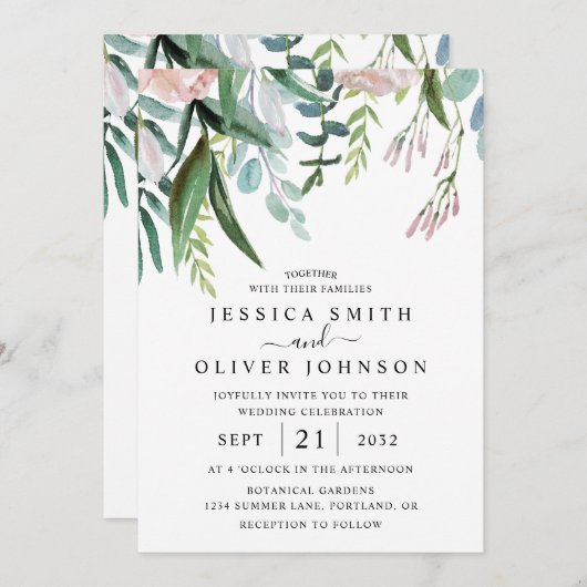 Waterverf groen en bloemen in één bruiloft kaart (Voorkant / Achterkant)