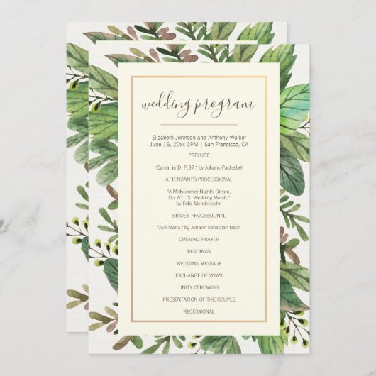 Waterverf groen en bosrijke bruiloft programmakaart (Voorkant / Achterkant)