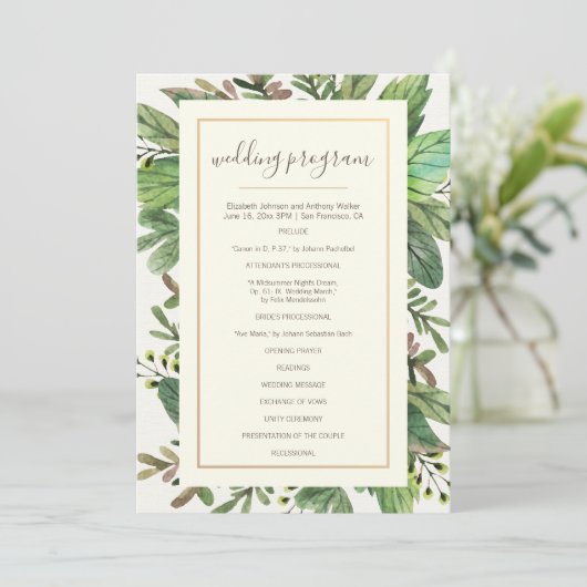 Waterverf groen en bosrijke bruiloft programmakaart (Staand voorkant)