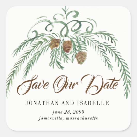Waterverf groen en dennenappels sparen onze datum vierkante sticker (Voorkant)