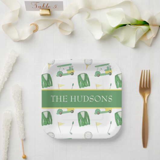 Waterverf Groen en Geel Golftoernooi Papieren Bordje (Huwelijk)