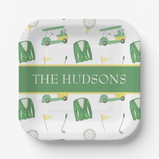 Waterverf Groen en Geel Golftoernooi Papieren Bordje (Voorkant)