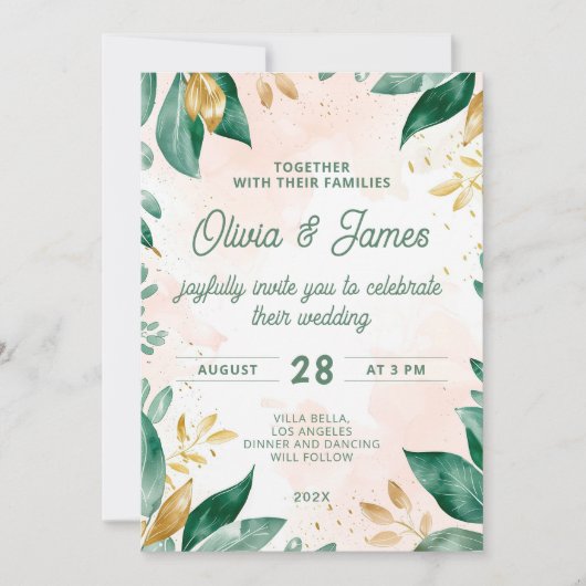 Waterverf groen en gouden bruiloft uitnodiging (Voorkant)