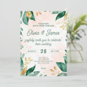 Waterverf groen en gouden bruiloft uitnodiging (Staand voorkant)