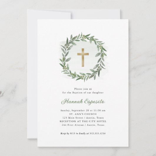 Waterverf groen en gouden kruis | doop kaart (Voorkant)