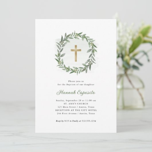 Waterverf groen en gouden kruis | doop kaart (Staand voorkant)