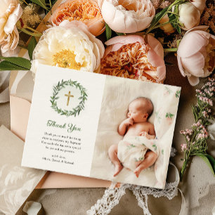 Waterverf groen en gouden kruis   Fotodoop Bedankkaart