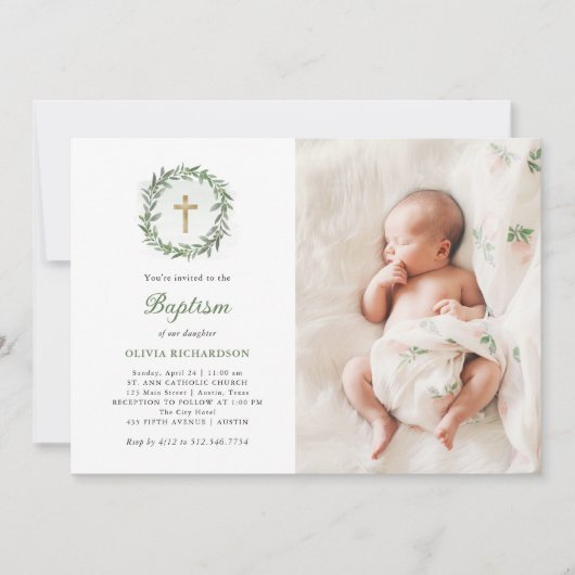 Waterverf groen en gouden kruis | Fotodoop Kaart (Voorkant)