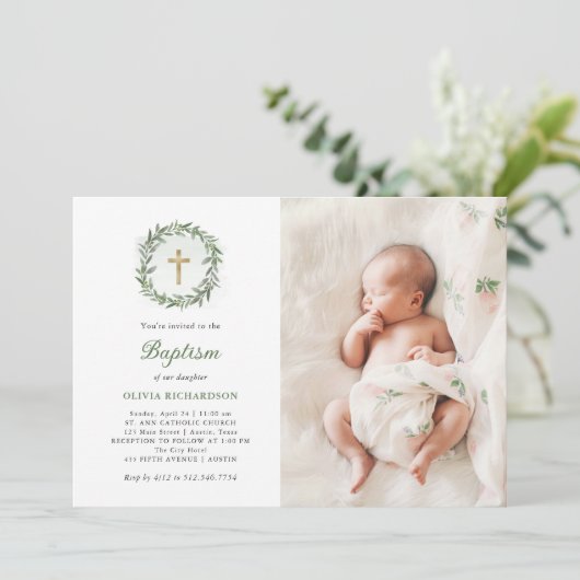 Waterverf groen en gouden kruis | Fotodoop Kaart (Staand voorkant)