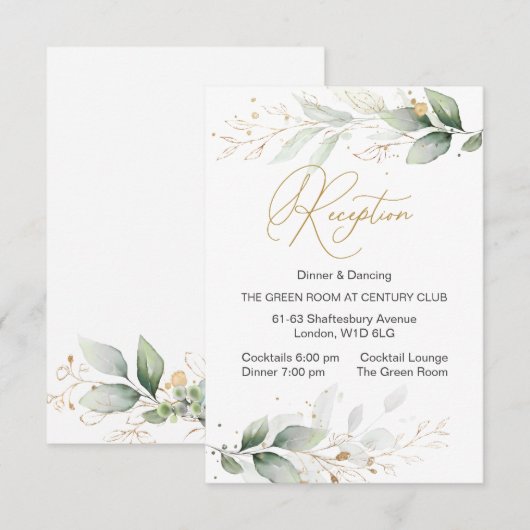 Waterverf groen- en goudfolieontvangst informatiekaartje (Voorkant / Achterkant)