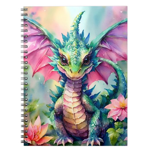 Waterverf Groen en Roze Baby Dragon Notitieboek (Voorkant)