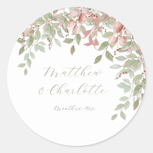 Waterverf groen en roze bladeren bruiloft ronde sticker (Voorkant)
