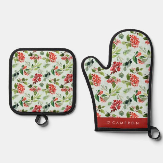 Waterverf groen en winterberry kerst ovenwant & pannenlap set (Voorkant)