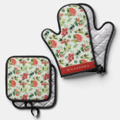 Waterverf groen en winterberry kerst ovenwant & pannenlap set (Voorkant / Achterkant)