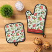 Waterverf groen en winterberry kerst ovenwant & pannenlap set (Top down)