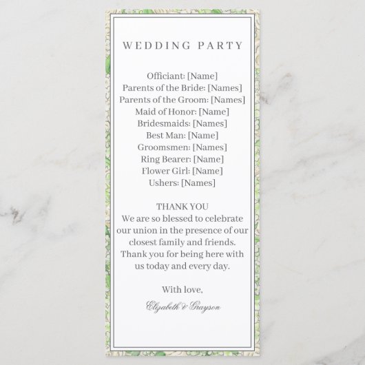 Waterverf groen en wit Hydrangea Crest-programma Menu (Achterkant)