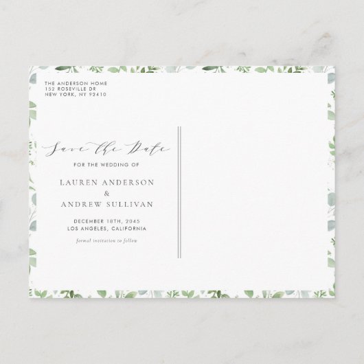 Waterverf groen en witte bloem Bewaar de datum Aankondigingskaart (Achterkant)