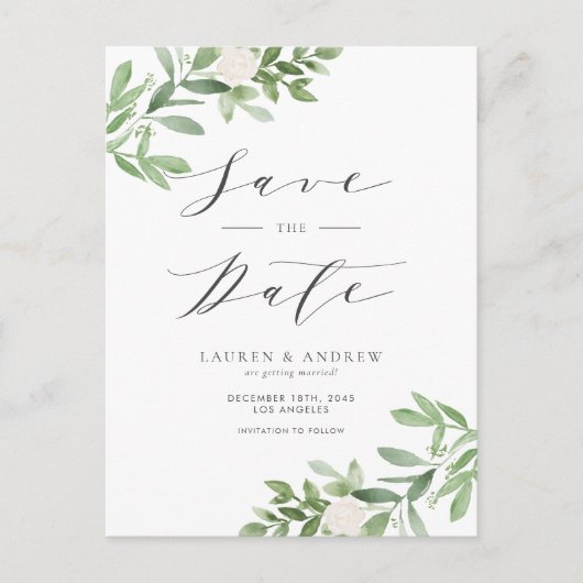 Waterverf groen en witte bloem Bewaar de datum Aankondigingskaart (Voorkant)