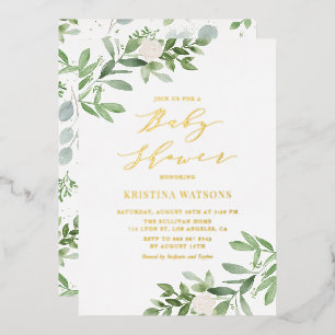 Waterverf groen en witte bloemen baby shower folie uitnodiging