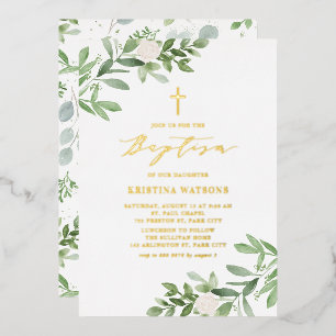 Waterverf groen en witte bloemen Doop Folie Uitnodiging