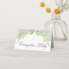 Waterverf groen en witte hortensia crest bruiloft plaatskaartje