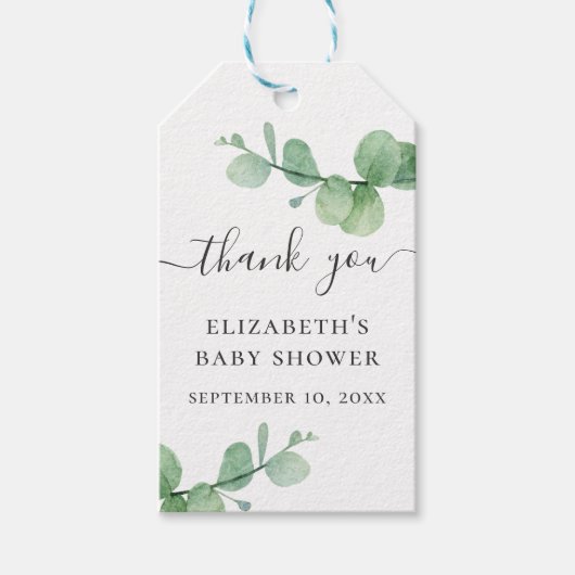 Waterverf groen eucalyptus baby shower dank u cadeaulabel (Voorkant)