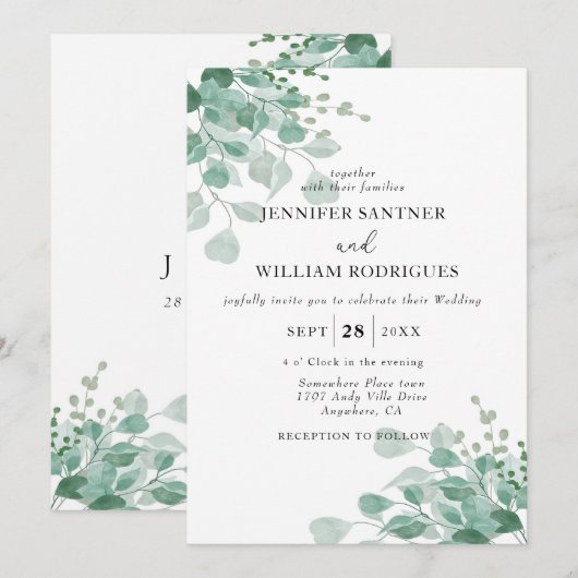 Waterverf Groen Eucalyptus Bloemen Bladergroen Bru Kaart (Voorkant / Achterkant)