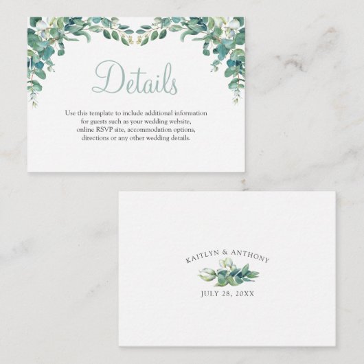 Waterverf groen eucalyptus bruiloft details informatiekaartje (Voorkant / Achterkant)