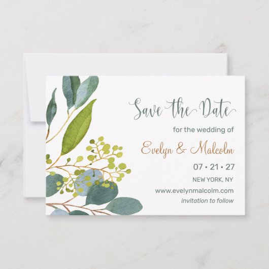 Waterverf groen, eucalyptus Save the Date (Voorkant)