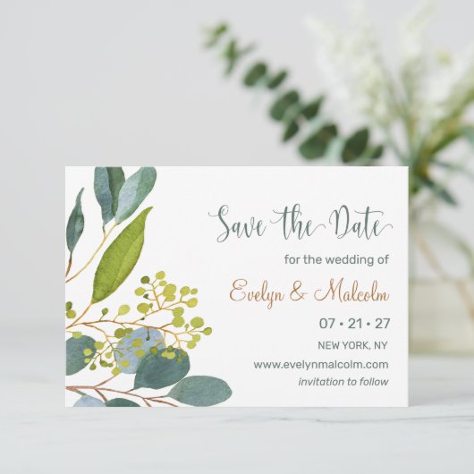 Waterverf groen, eucalyptus Save the Date (Staand voorkant)