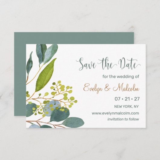 Waterverf groen, eucalyptus Save the Date (Voorkant / Achterkant)