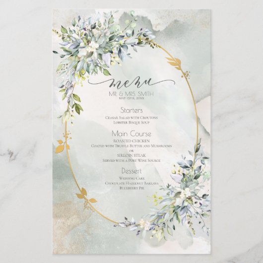 Waterverf Groen Floral Gold Lijst Wedding Menu (Voorkant)