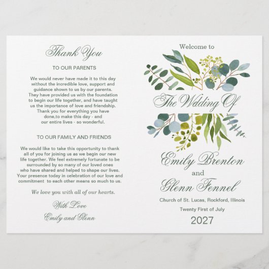 Waterverf groen foliage Folded Wedding Program (Voorkant)