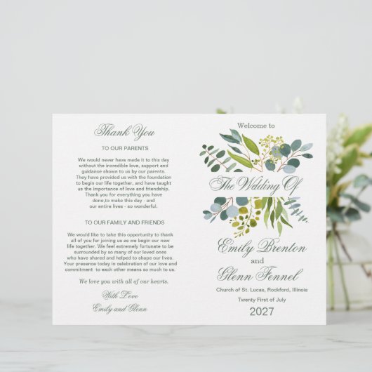 Waterverf groen foliage Folded Wedding Program (Staand voorkant)