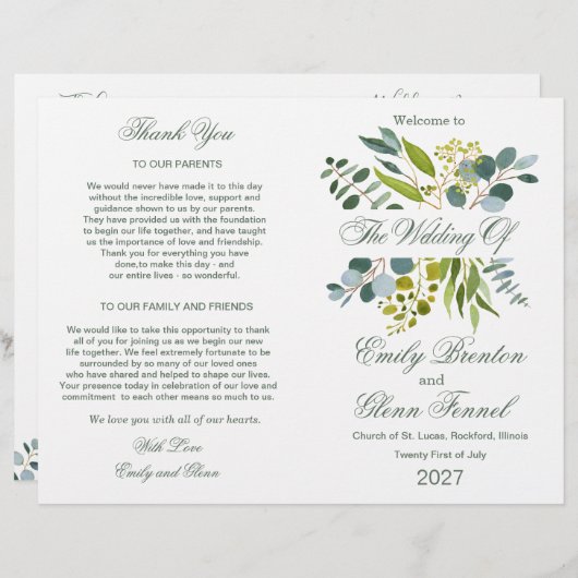 Waterverf groen foliage Folded Wedding Program (Voorkant / Achterkant)