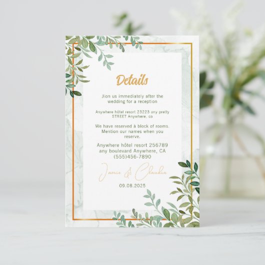 Waterverf groen gebladerte bladeren bruiloft informatiekaartje (Staand voorkant)