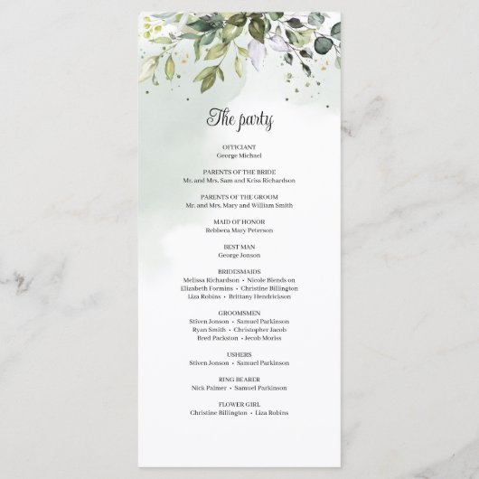 Waterverf groen gebladerte boho bruiloft programmakaart (Achterkant)