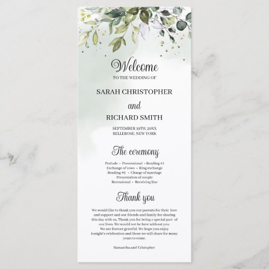 Waterverf groen gebladerte boho bruiloft programmakaart (Voorkant)