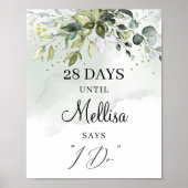 Waterverf groen gebladerte boho countdown bord poster (Voorkant)